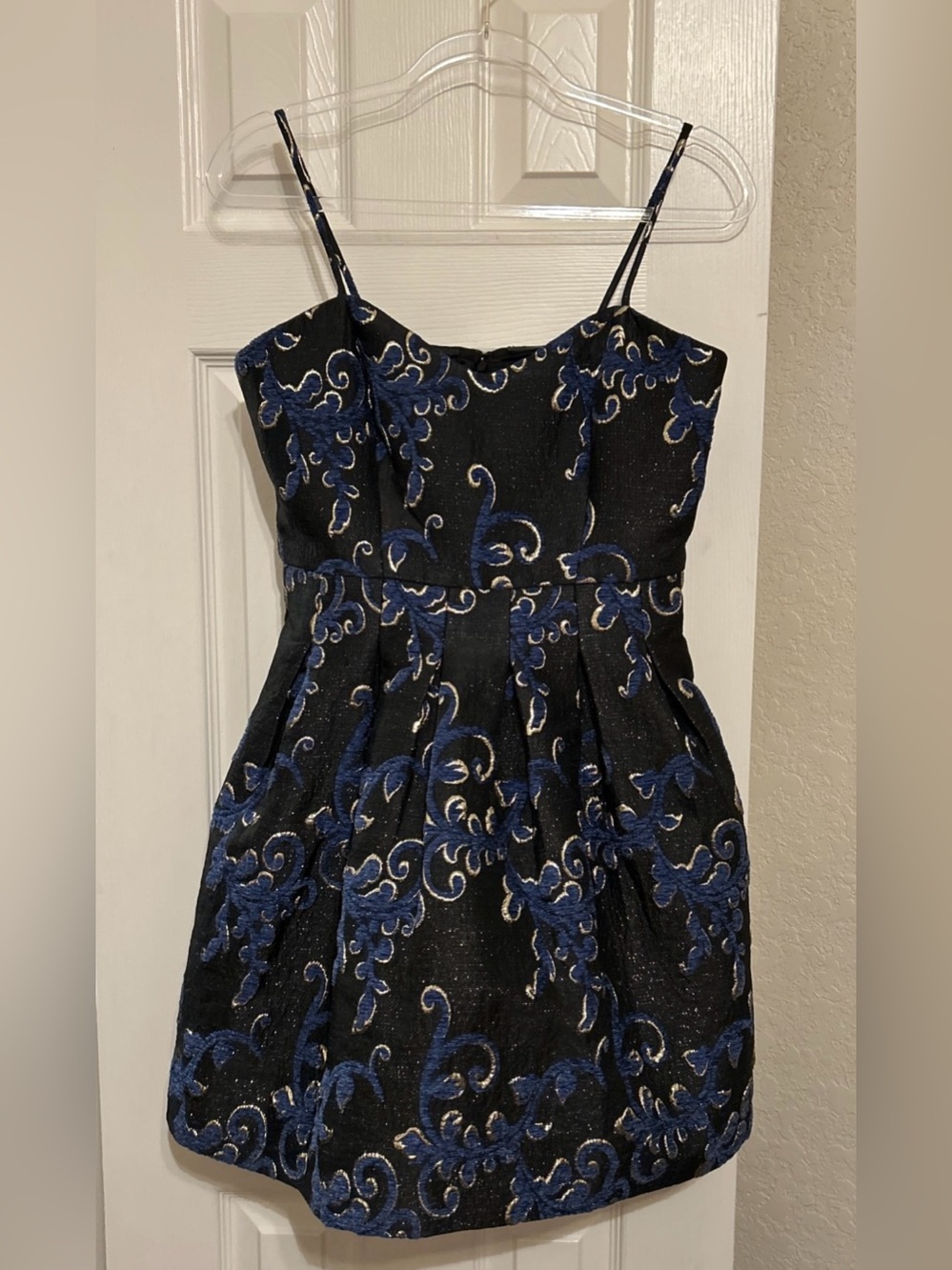 Badgley Mischka Black & Blue Jacquard Spaghetti-Strap Mini Dress